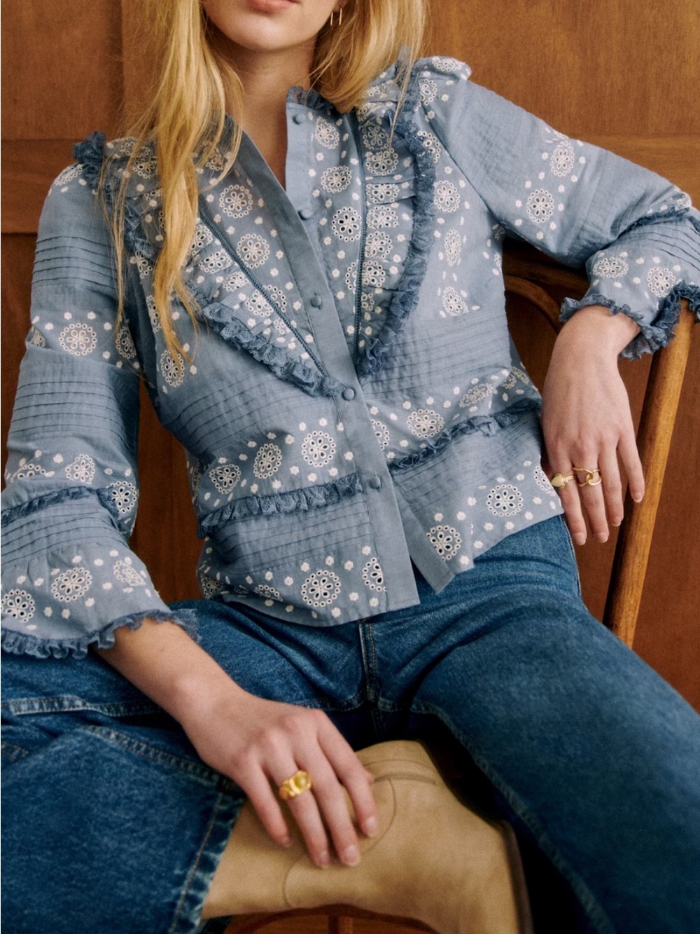 Sezane nele vintage blue & ecru lace top